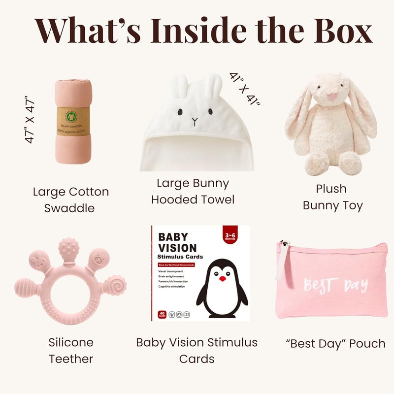 Tiny Treasures New Baby Gift Basket Set with Adorable Newborn Essentials for Baby Girl and Boy | Quality Baby Shower Gift Baskets with Soft Swaddle Blanket | Cutest Newborn Gift Set, Gift-Ready Packaging (Pink) - Image 4